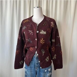 VTG Nordic Design Wool Cardigan Sweater - Embroidered Burgundy Cottagecore.